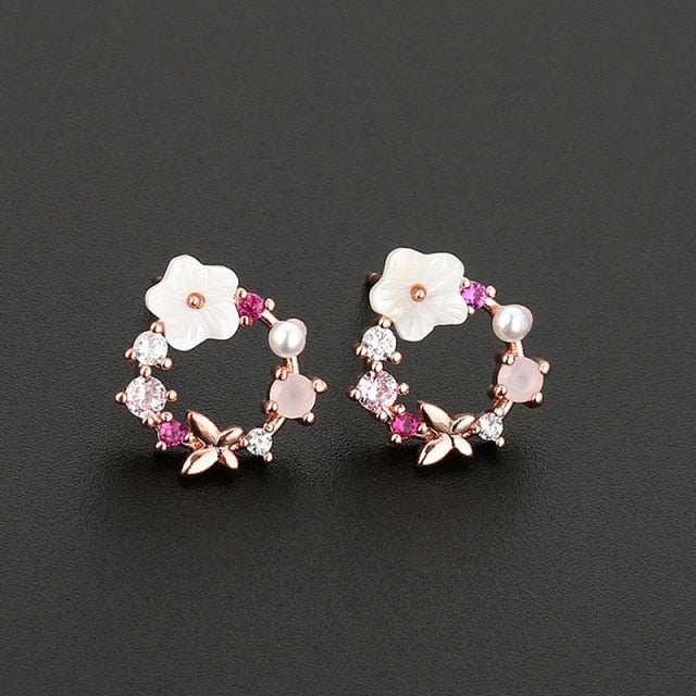 2020 New Arrival Classic Round Pink Green Crystal Stud Earrings Sweet Flower Cirlce Jewelry Fashion Brincos Gift for women