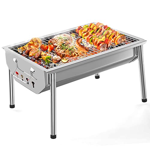 RESVIN Charcoal Grills, Portable Charcoal Grill with Lid Stainless Steel Barbecue Grill, Small Folding Tabletop Grill for Outdoor Cooking Camping Beach Traveling Picnic Backyard