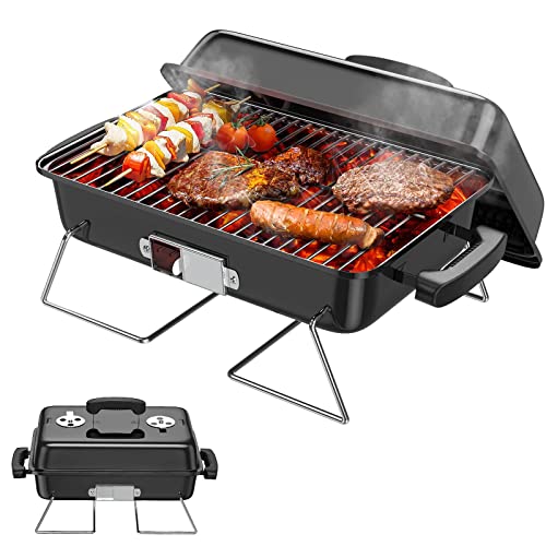 RESVIN Charcoal Grills, Portable Charcoal Grill with Lid Stainless Steel Barbecue Grill, Small Folding Tabletop Grill for Outdoor Cooking Camping Beach Traveling Picnic Backyard
