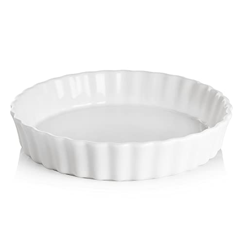 SWEEJAR Porcelain Pie Pan, 9.5-inch Round Corrugated Tart Dish, Non-sticky Ceramic Quiche Plate, Suitable for Baking Apple Pie, Cheese Sweet Potato Pie, Chicken Pot Pie, Crustless Quiche (White)