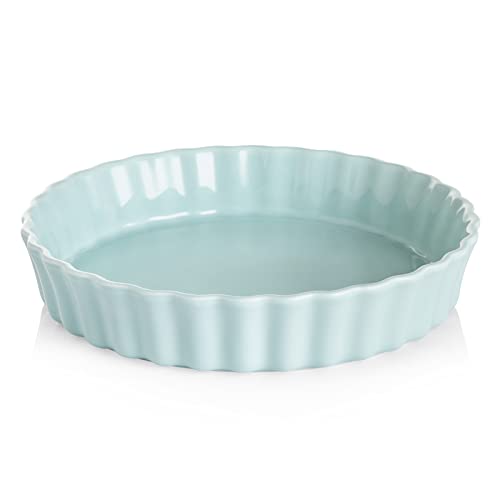 SWEEJAR Porcelain Pie Pan, 9.5-inch Round Corrugated Tart Dish, Non-sticky Ceramic Quiche Plate, Suitable for Baking Apple Pie, Cheese Sweet Potato Pie, Chicken Pot Pie, Crustless Quiche (White)