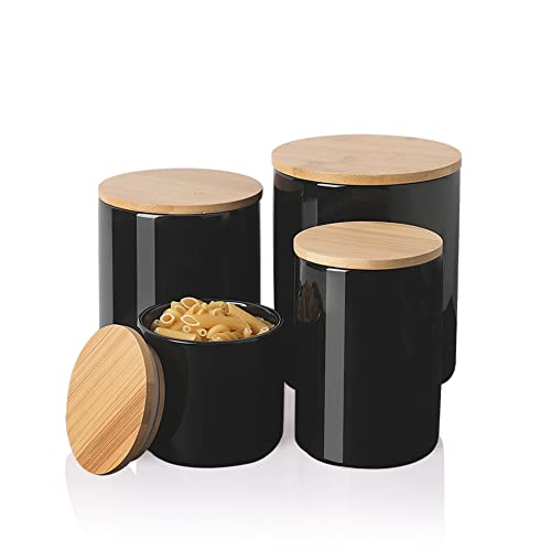 Sweejar Ceramic Canisters, Food Storage Jar Set with Airtight Seal Wooden Lid, Stackable Containers for Kitchen Counter, Ground Coffee, Flour, Sugar, Salt, Cookie, Dog Treats, Herbs, Candy and More - Set of 4 (Black)