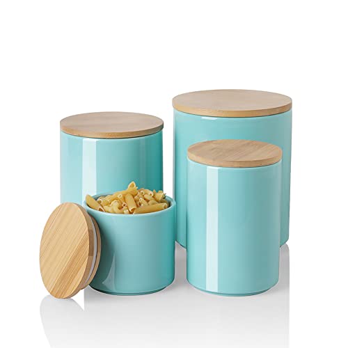 Sweejar Ceramic Canisters, Food Storage Jar Set with Airtight Seal Wooden Lid, Stackable Containers for Kitchen Counter, Ground Coffee, Flour, Sugar, Salt, Cookie, Dog Treats, Herbs, Candy and More - Set of 4 (Black)