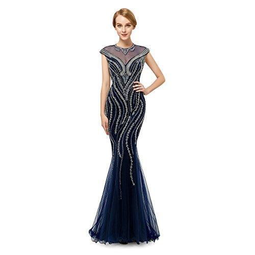 Leyidress Womne's Navy Blue Crystals Mermaid Evening Dresses Sexy Cap Sleeve Tulle Prom Dresses US 2-16 - teddypopup