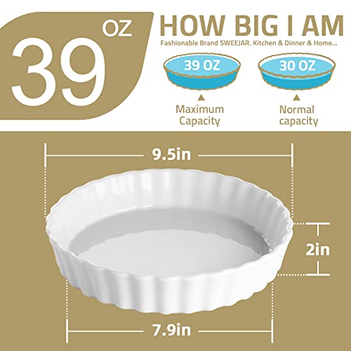 SWEEJAR Porcelain Pie Pan, 9.5-inch Round Corrugated Tart Dish, Non-sticky Ceramic Quiche Plate, Suitable for Baking Apple Pie, Cheese Sweet Potato Pie, Chicken Pot Pie, Crustless Quiche (White)