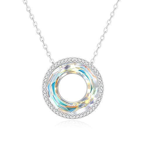 LOUISA SECRET Necklace Women's 925 Sterling Silver Eternal Love Round Crystal Pendant 45 cm Adjustable Women Jewellery for Her Girlfriend Mother's Day Anniversary Christmas Valentine's Day Birthday Gifts