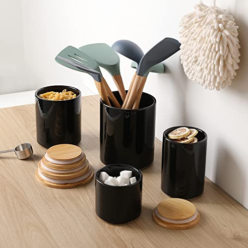 Sweejar Ceramic Canisters, Food Storage Jar Set with Airtight Seal Wooden Lid, Stackable Containers for Kitchen Counter, Ground Coffee, Flour, Sugar, Salt, Cookie, Dog Treats, Herbs, Candy and More - Set of 4 (Black)