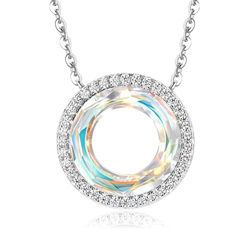 LOUISA SECRET Necklace Women's 925 Sterling Silver Eternal Love Round Crystal Pendant 45 cm Adjustable Women Jewellery for Her Girlfriend Mother's Day Anniversary Christmas Valentine's Day Birthday Gifts