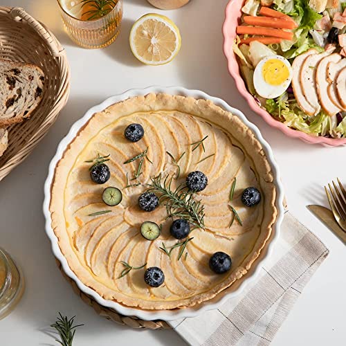 SWEEJAR Porcelain Pie Pan, 9.5-inch Round Corrugated Tart Dish, Non-sticky Ceramic Quiche Plate, Suitable for Baking Apple Pie, Cheese Sweet Potato Pie, Chicken Pot Pie, Crustless Quiche (White)