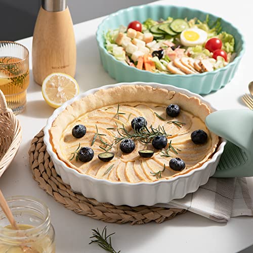 SWEEJAR Porcelain Pie Pan, 9.5-inch Round Corrugated Tart Dish, Non-sticky Ceramic Quiche Plate, Suitable for Baking Apple Pie, Cheese Sweet Potato Pie, Chicken Pot Pie, Crustless Quiche (White)