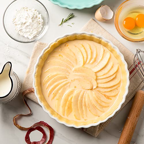 SWEEJAR Porcelain Pie Pan, 9.5-inch Round Corrugated Tart Dish, Non-sticky Ceramic Quiche Plate, Suitable for Baking Apple Pie, Cheese Sweet Potato Pie, Chicken Pot Pie, Crustless Quiche (White)