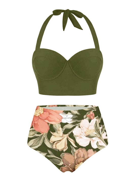 Olive Lace-Up Halter Flowers Bikini Set