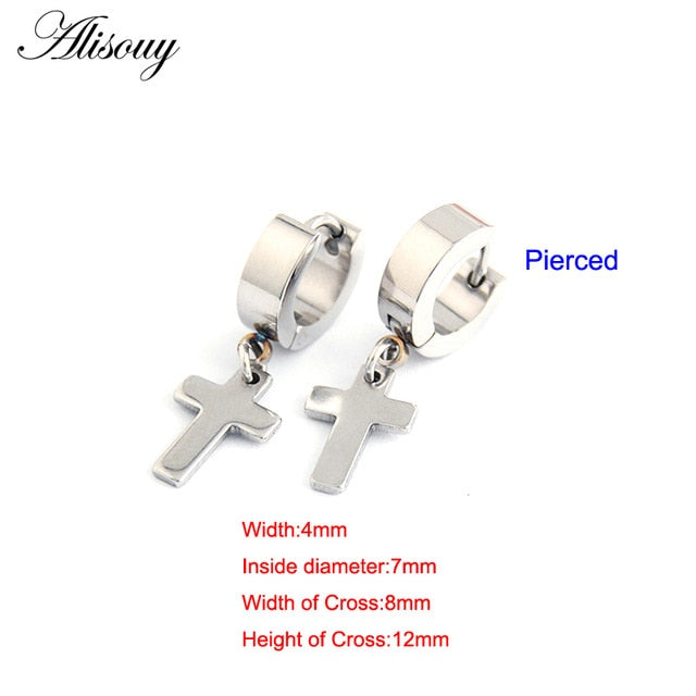 Alisouy 2pcs Women Men's Stainless Steel Dropping Earrings Black/Silver Color Cross Gothic Punk Rock Style Pendientes Mujer Moda