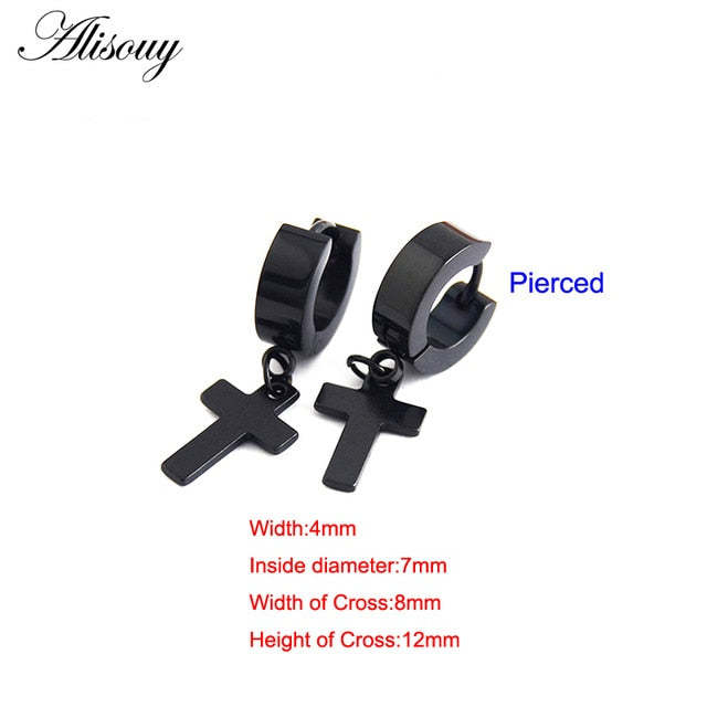 Alisouy 2pcs Women Men's Stainless Steel Dropping Earrings Black/Silver Color Cross Gothic Punk Rock Style Pendientes Mujer Moda