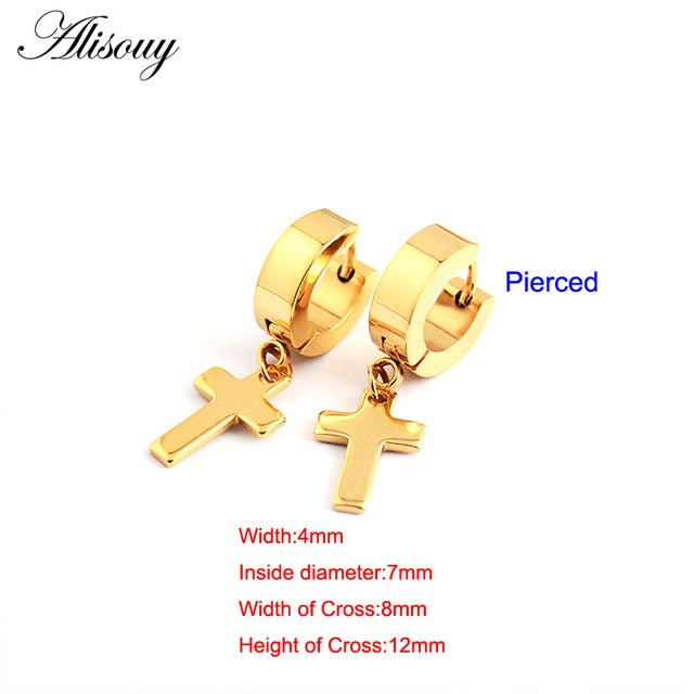 Alisouy 2pcs Women Men's Stainless Steel Dropping Earrings Black/Silver Color Cross Gothic Punk Rock Style Pendientes Mujer Moda