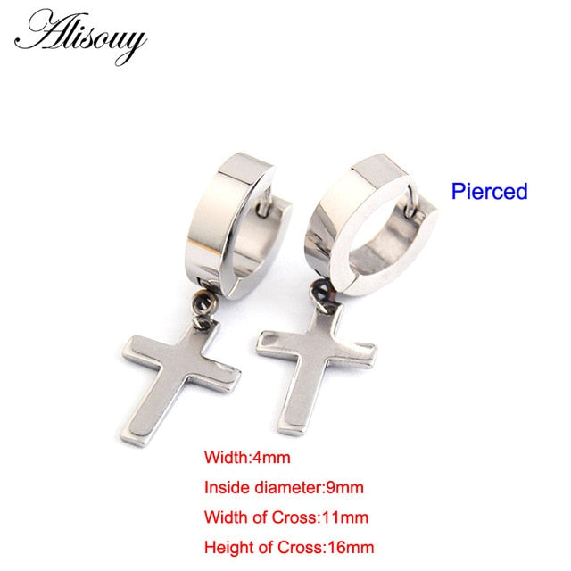 Alisouy 2pcs Women Men's Stainless Steel Dropping Earrings Black/Silver Color Cross Gothic Punk Rock Style Pendientes Mujer Moda