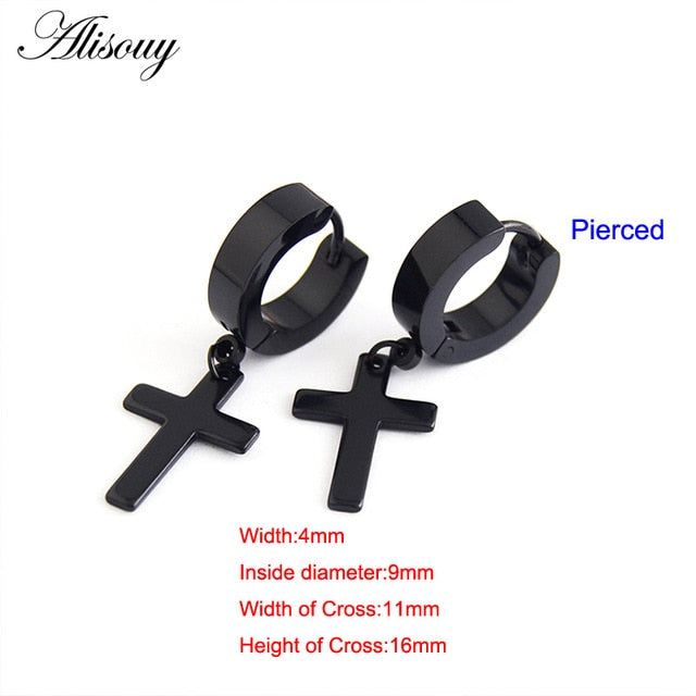 Alisouy 2pcs Women Men's Stainless Steel Dropping Earrings Black/Silver Color Cross Gothic Punk Rock Style Pendientes Mujer Moda