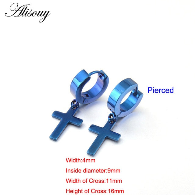 Alisouy 2pcs Women Men's Stainless Steel Dropping Earrings Black/Silver Color Cross Gothic Punk Rock Style Pendientes Mujer Moda