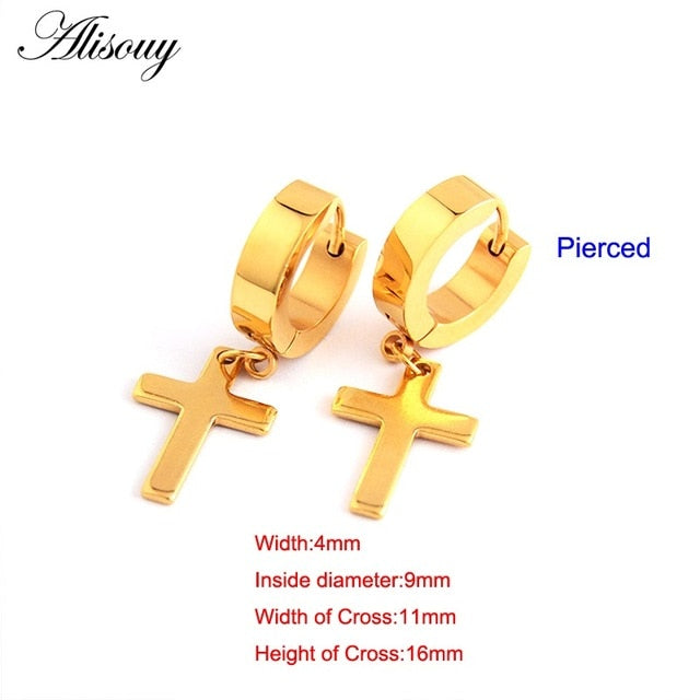 Alisouy 2pcs Women Men's Stainless Steel Dropping Earrings Black/Silver Color Cross Gothic Punk Rock Style Pendientes Mujer Moda