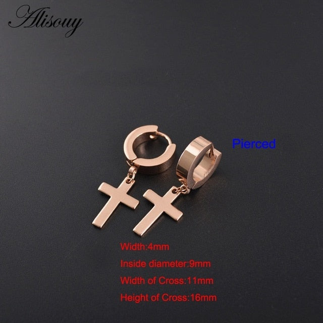 Alisouy 2pcs Women Men's Stainless Steel Dropping Earrings Black/Silver Color Cross Gothic Punk Rock Style Pendientes Mujer Moda