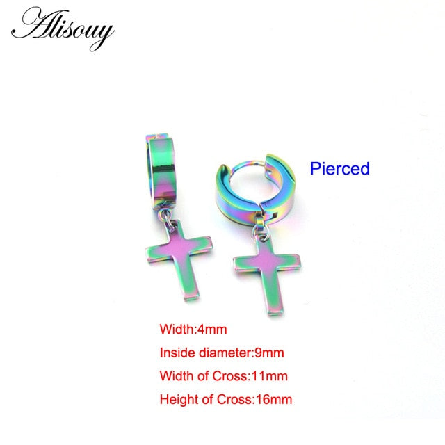 Alisouy 2pcs Women Men's Stainless Steel Dropping Earrings Black/Silver Color Cross Gothic Punk Rock Style Pendientes Mujer Moda