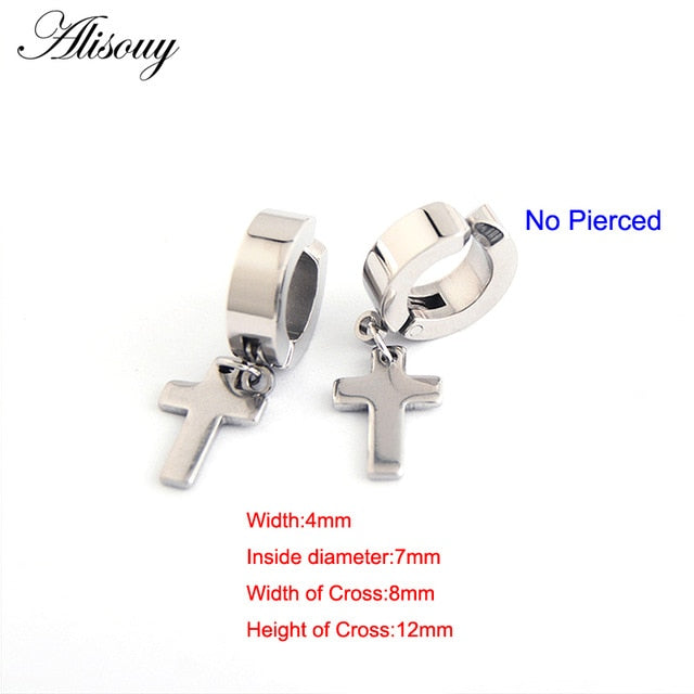 Alisouy 2pcs Women Men's Stainless Steel Dropping Earrings Black/Silver Color Cross Gothic Punk Rock Style Pendientes Mujer Moda