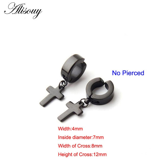 Alisouy 2pcs Women Men's Stainless Steel Dropping Earrings Black/Silver Color Cross Gothic Punk Rock Style Pendientes Mujer Moda