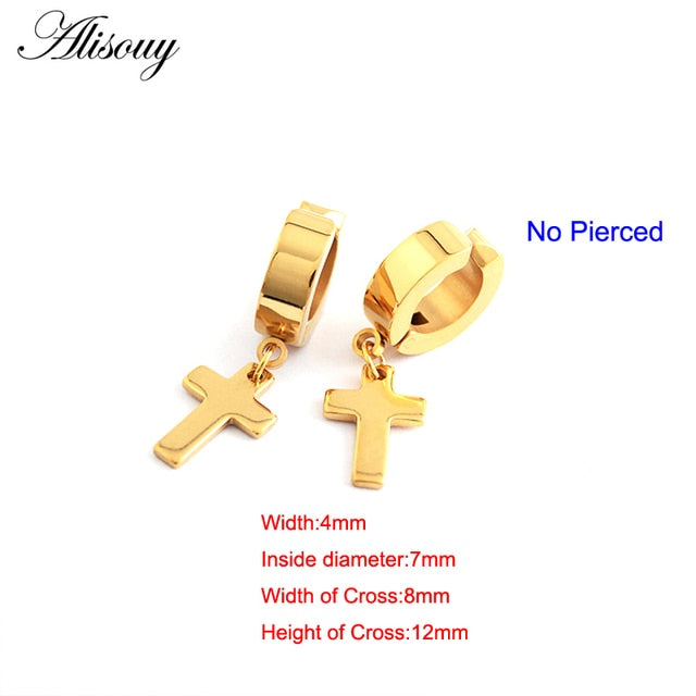 Alisouy 2pcs Women Men's Stainless Steel Dropping Earrings Black/Silver Color Cross Gothic Punk Rock Style Pendientes Mujer Moda