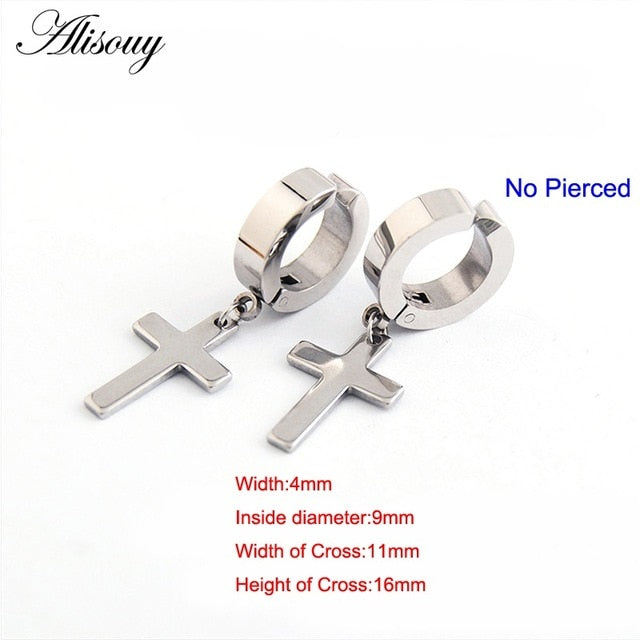 Alisouy 2pcs Women Men's Stainless Steel Dropping Earrings Black/Silver Color Cross Gothic Punk Rock Style Pendientes Mujer Moda