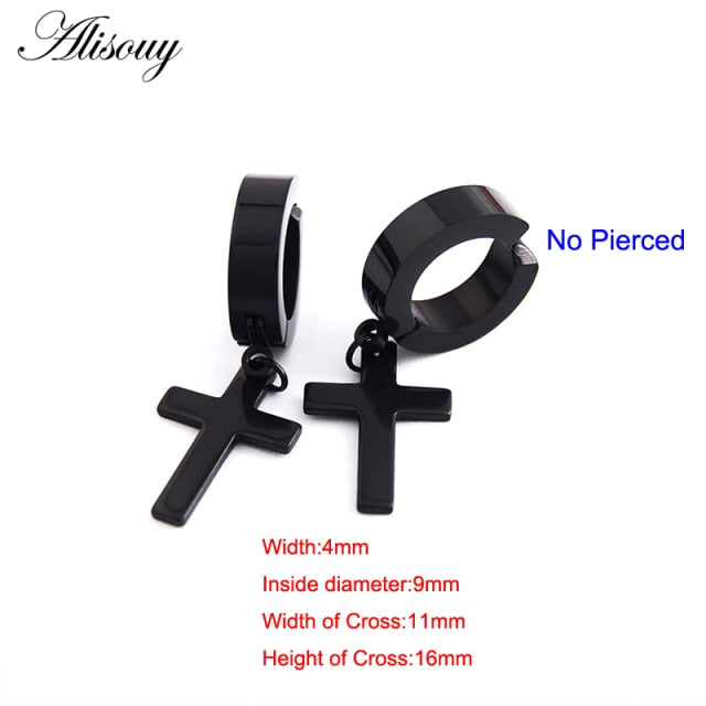 Alisouy 2pcs Women Men's Stainless Steel Dropping Earrings Black/Silver Color Cross Gothic Punk Rock Style Pendientes Mujer Moda