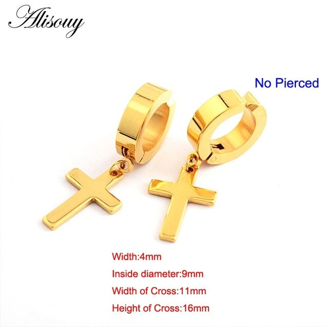 Alisouy 2pcs Women Men's Stainless Steel Dropping Earrings Black/Silver Color Cross Gothic Punk Rock Style Pendientes Mujer Moda