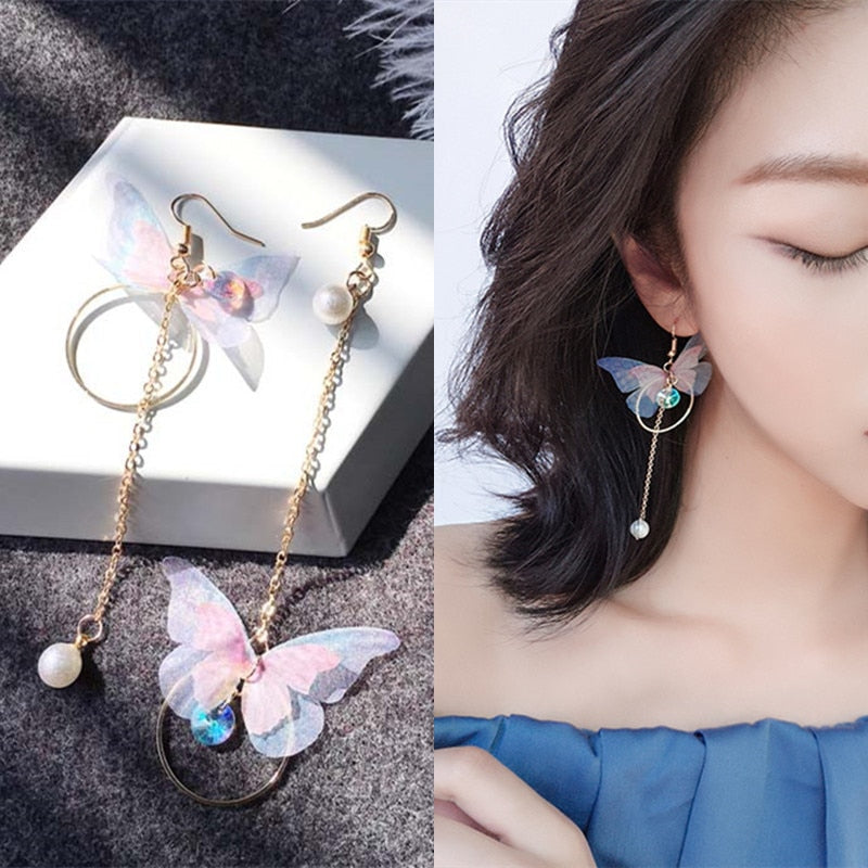 Korean Retro Asymmetric Butterfly Imitation Pearl Earrings Fashion Round Flower Brincos Long Statement Wings Earrings Jewelry