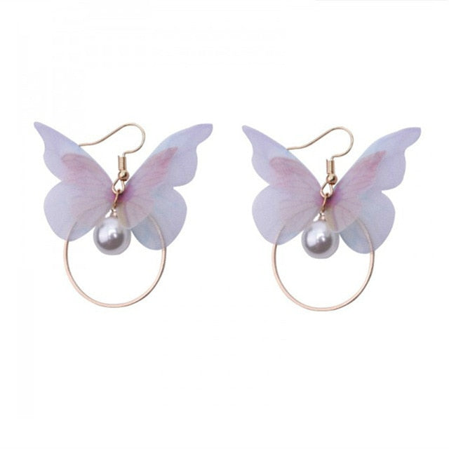 Korean Retro Asymmetric Butterfly Imitation Pearl Earrings Fashion Round Flower Brincos Long Statement Wings Earrings Jewelry