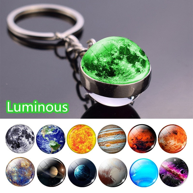 Glow In The Dark Solar System Planet Keyring Galaxy Nebula Luminous Keychain Moon Earth Sun Double Side Glass Ball Key Chain