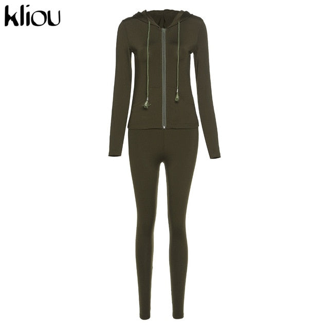 Kliou autumn two piece set women long sleeve hooded zipper pocket sporty Jackets+leggings matching sets workout stretchy outfits