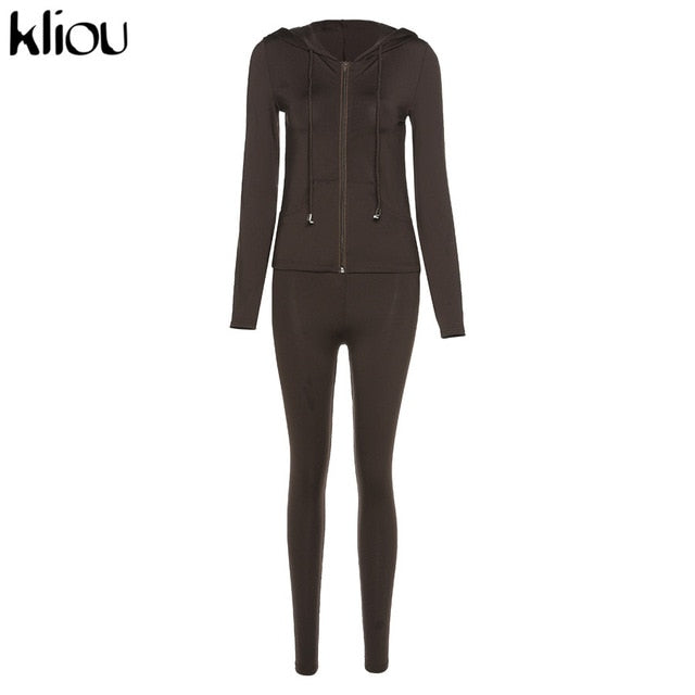 Kliou autumn two piece set women long sleeve hooded zipper pocket sporty Jackets+leggings matching sets workout stretchy outfits