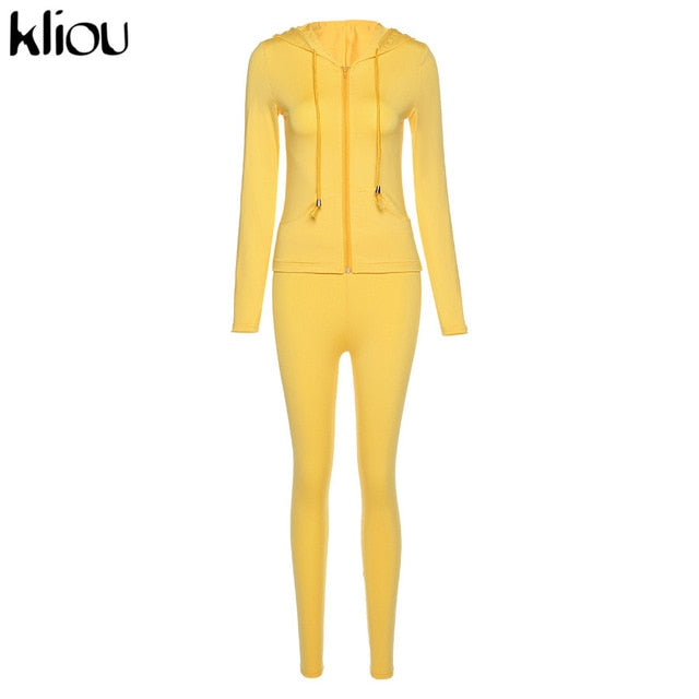 Kliou autumn two piece set women long sleeve hooded zipper pocket sporty Jackets+leggings matching sets workout stretchy outfits