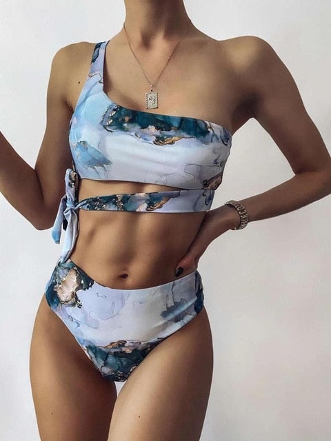 2021 New Print Sport Bandeau Push up Bikinis Sexy Marble Women Swimsuit High Waist Swimwear Women bathing suit Beach wear