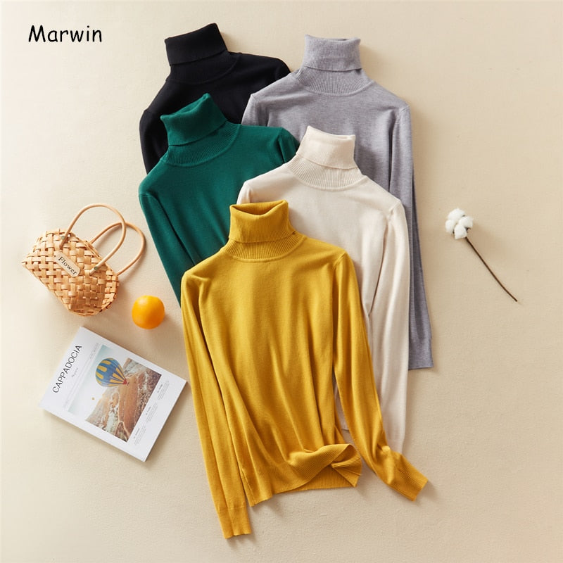 Marwin New-Coming Autumn Winter Tops Solid Turn-Down Collar Pullovers Female Thick Turtleneck Knitted High Street  Women Sweater