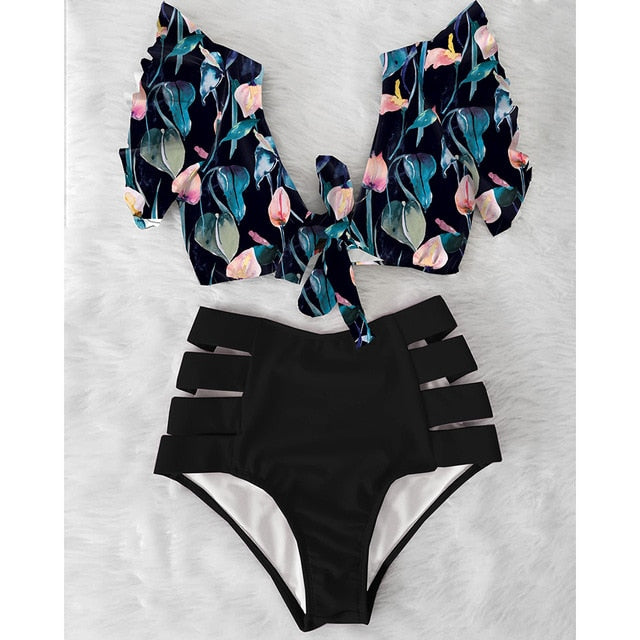 High Waist Bikini 2021 Ruffle Swimwear Women Print Sexy Swimsuit Push Up Bikinis Plus Size Bathing Suits Floral Beach Wear