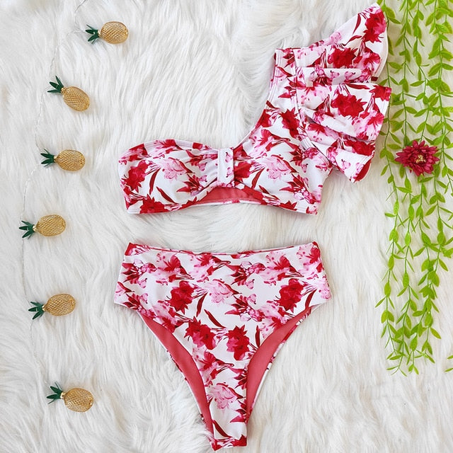 High Waist Bikini 2021 Ruffle Swimwear Women Print Sexy Swimsuit Push Up Bikinis Plus Size Bathing Suits Floral Beach Wear