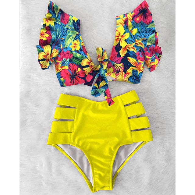 High Waist Bikini 2021 Ruffle Swimwear Women Print Sexy Swimsuit Push Up Bikinis Plus Size Bathing Suits Floral Beach Wear