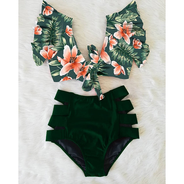 High Waist Bikini 2021 Ruffle Swimwear Women Print Sexy Swimsuit Push Up Bikinis Plus Size Bathing Suits Floral Beach Wear