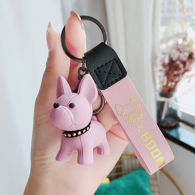 Fashion Punk French Bulldog Keychain PU Leather Dog Keychains for Women Bag Pendant Jewelry Trinket Men's Car Key Ring Key Chain