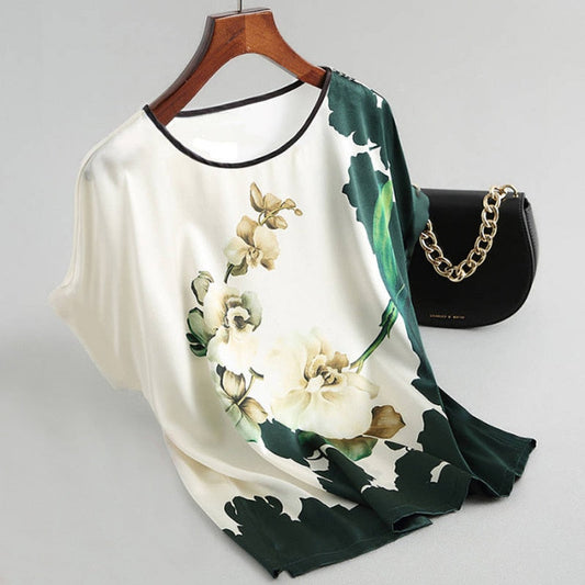 Fashion Floral Print Blouse Pullover Ladies Silk Satin Blouses Plus Size Batwing Sleeve Vintage Print Casual Short Sleeve Tops