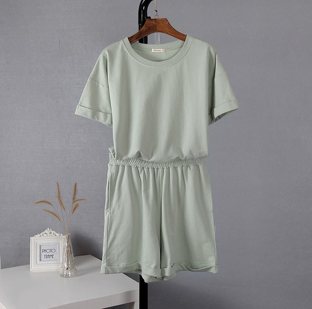 Hirsionsan Summer Cotton Sets Women Casual Two Pieces Short Sleeve T Shirts and High Waist Short Pants Solid Outfits Tracksuit