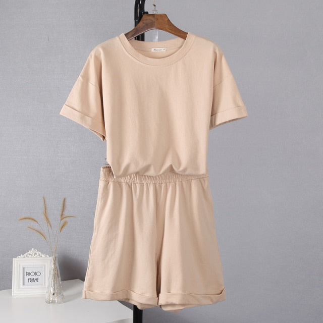 Hirsionsan Summer Cotton Sets Women Casual Two Pieces Short Sleeve T Shirts and High Waist Short Pants Solid Outfits Tracksuit