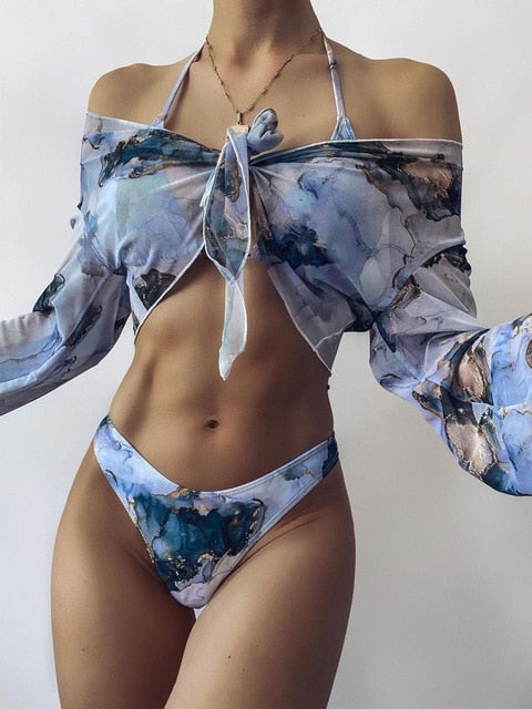 2021 New Print Sport Bandeau Push up Bikinis Sexy Marble Women Swimsuit High Waist Swimwear Women bathing suit Beach wear