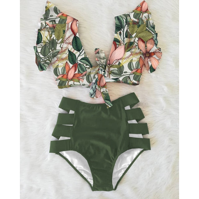 High Waist Bikini 2021 Ruffle Swimwear Women Print Sexy Swimsuit Push Up Bikinis Plus Size Bathing Suits Floral Beach Wear