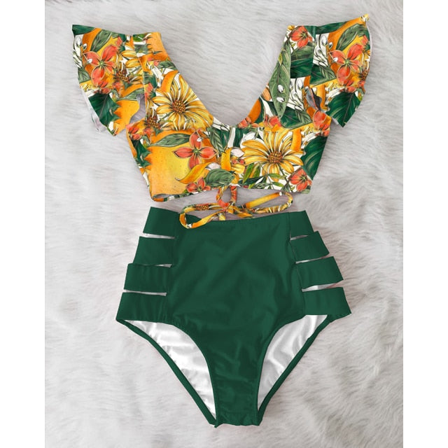 High Waist Bikini 2021 Ruffle Swimwear Women Print Sexy Swimsuit Push Up Bikinis Plus Size Bathing Suits Floral Beach Wear